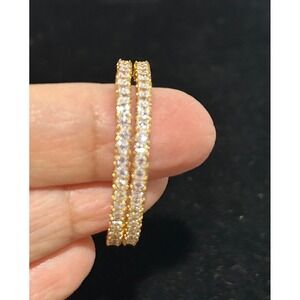 Hoop Earrings Gold Tone Clear Rhinestones Eternity Leverback Prong Setting